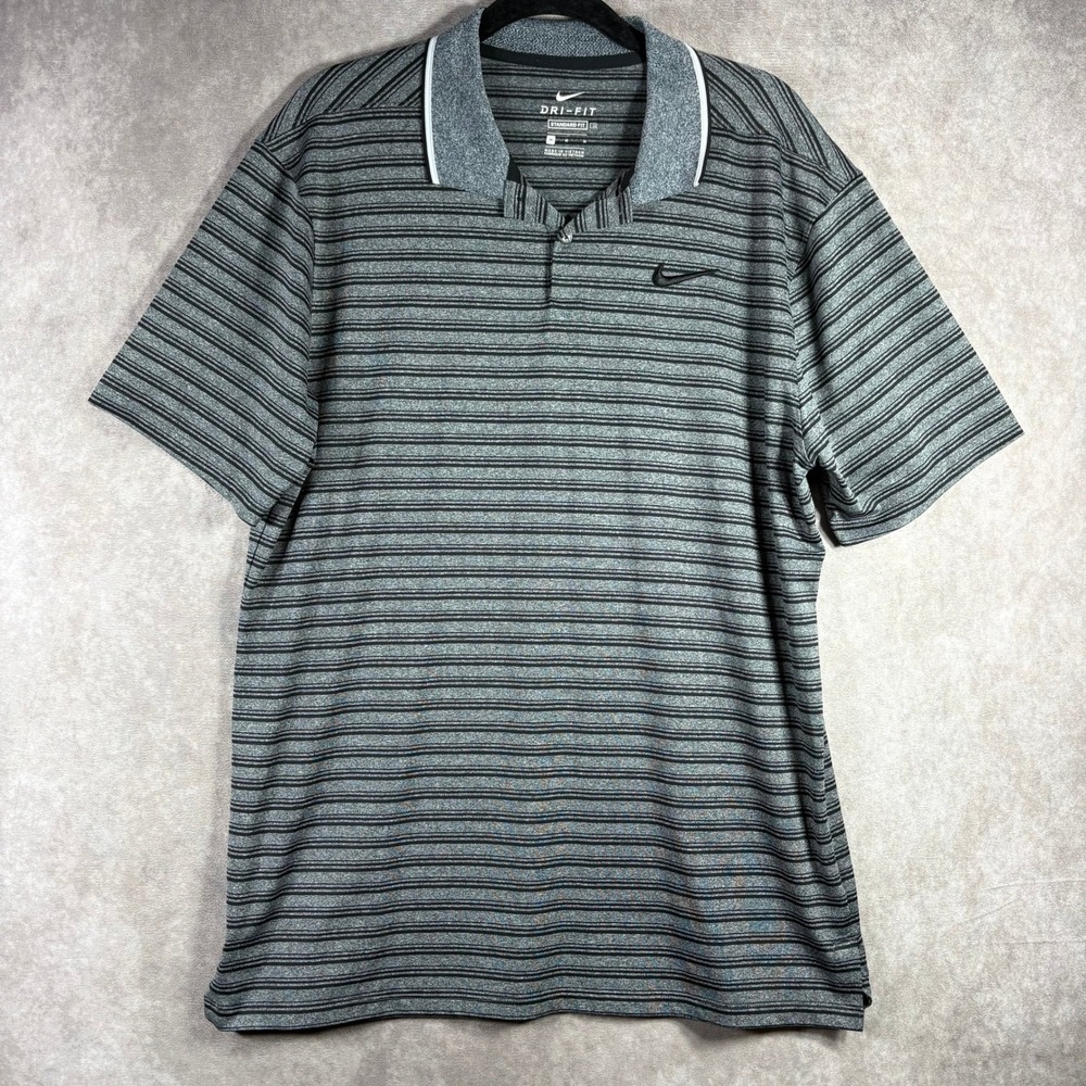 Nike Polo Shirt Mens M Grey Dri-Fit Golf Striped Short Sleeve Performance Active